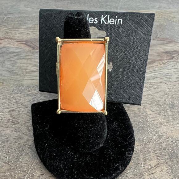 New Charles Klein Peach & Gold Tone Rectangular Statement Cocktail Stretch Ring - Picture 1 of 4